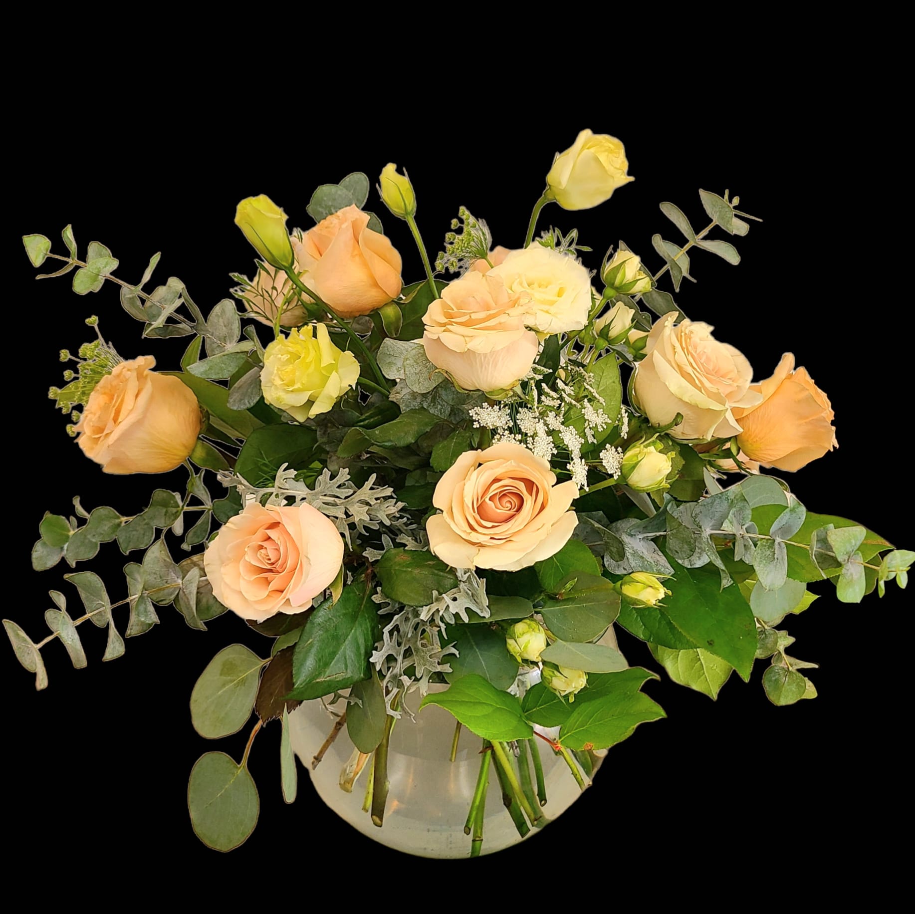 Sugar - Sugar is the most whimsical way to sweeten somebody's day. This beautiful boho arrangement with eucalyptus, peach roses, and white spray roses in a cylinder shaped vase elevates any space. Perfect for Women's Day, Mother's Day, or birthday.   APPROXIMATE DIMENSIONS: 22&quot; W x 20&quot; H