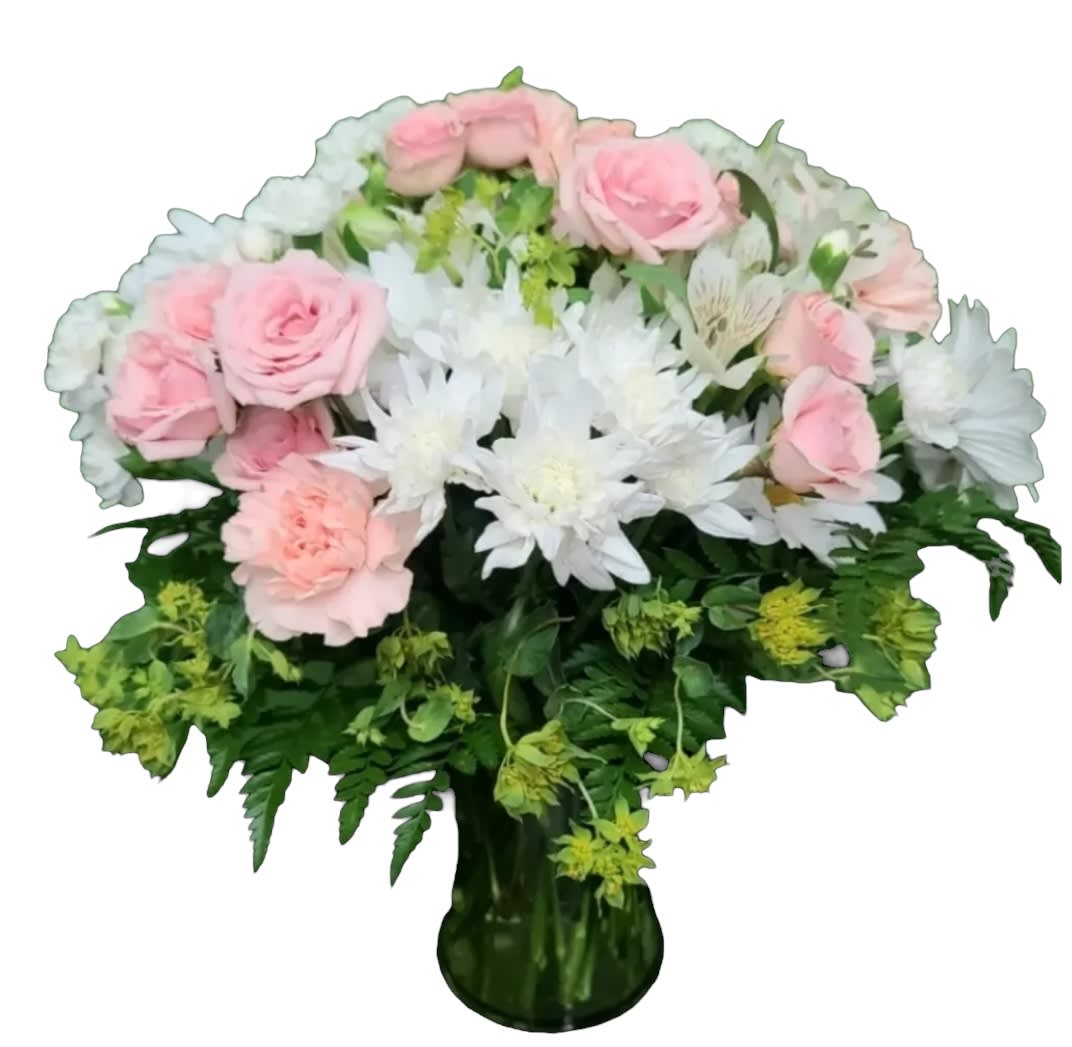 Blush Crush - Soft, delicate shades of pink and white.  The bouquet includes spray roses, pixie carnations, and other blooms.