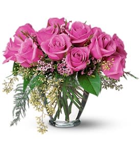  A Lavender Dozen [TF32-4] - When you really want to wow them, send these distinctive, lovely roses.  Twelve lavender roses with waxflower, eucalyptus and plumosus in a classic glass vase.  Approximately 12&quot; W x 10-1/2&quot; H  Orientation: All-Around      As Shown : TF32-4 