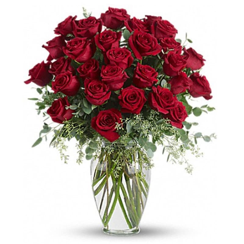  Forever Beloved - 30 Long Stemmed Red Roses [T255-4A] - Forever beloved. Forever in your heart. Forever close to you. That is what this beautiful rose arrangement symbolizes. A shared life. Or a shared sacred moment. All will be dignified beautifully with this loving gift of roses in a classic urn.  Roses, roses and more roses are arranged with beautiful eucalyptus and a lovely ming vase. Say it with flowers, when no words will speak the feelings in your heart.  Approximately 20&quot; W x 24&quot; H  Orientation: All-Around  THIS ITEM WILL NOT BE AVAILABLE AT THIS PRICE FOR DELIVERY FEB 10-15.  SIMILAR AVAILABLE ARRANGEMENTS FOR THESE DAYS CAN BE FOUND IN THE VALENTINE’S 2020 MENU.