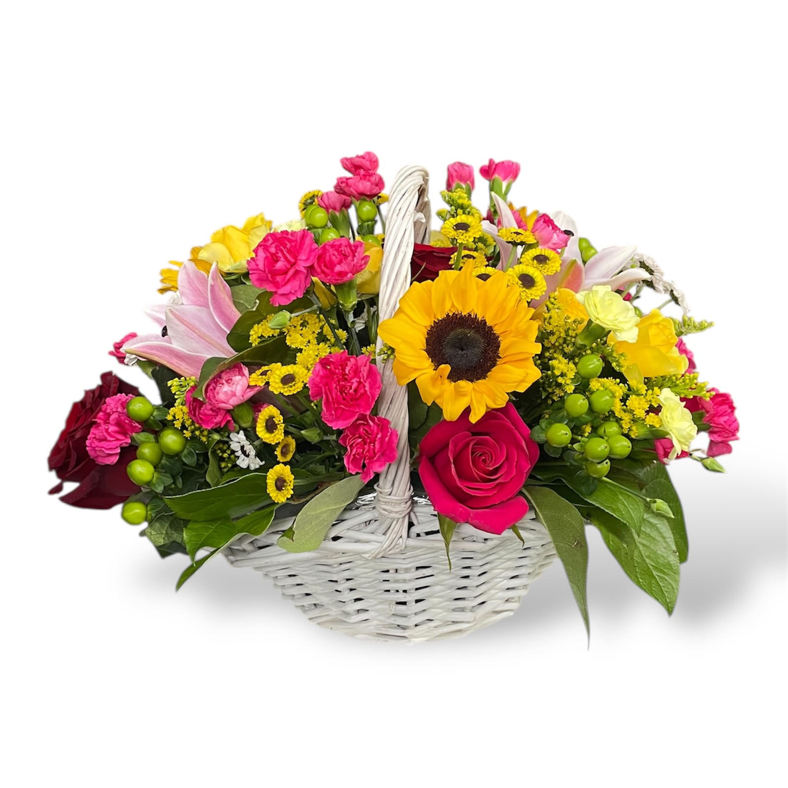Bright Blossoms Bright Blossoms - This fabulous floral basket has sunflowers, roses, spray roses, mini carnations, hypericums, solidago, lilies, and button pom poms.