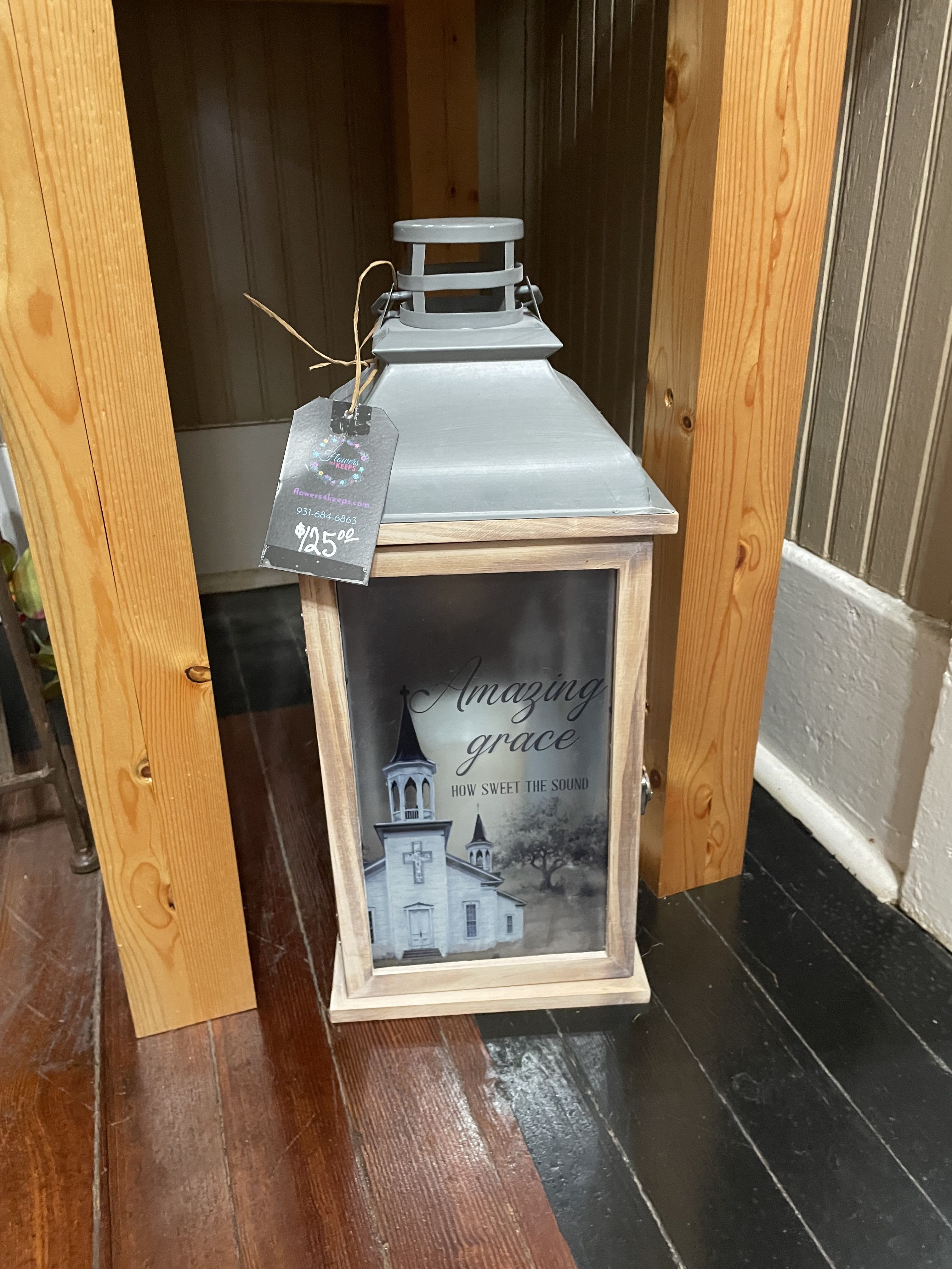 Frosted Church Amazing Grace Lantern Frosted Church Amazing Grace Lantern - Our Memorial Lanterns are made from quality composite wood and a silver finish top. Meant for indoor use. LARGE LANTERN Approx: H: 17.5" W: 5.125"