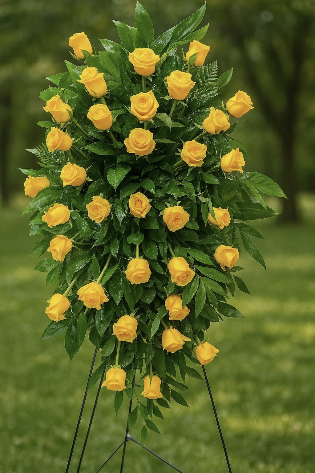 Symbol of Love - A heartfelt tribute in golden yellow  This standing spray of vibrant yellow roses honors a life well-lived, radiating warmth, friendship, and remembrance. A symbol of love that lives on.”