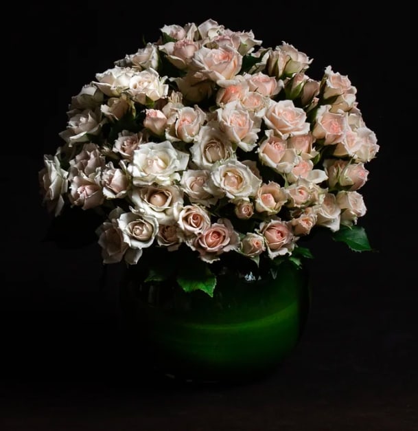 Blush Spray Rose Blush Spray Rose - Blush Spray Roses in a leaf lined vase.