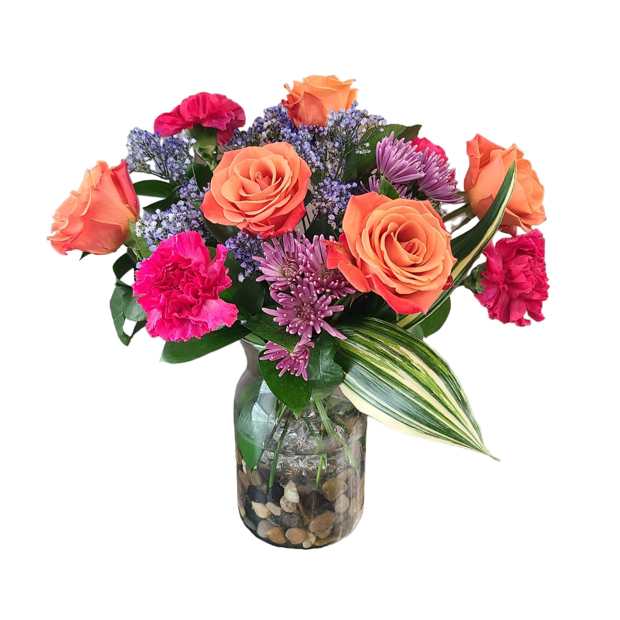 You Rock My World - This arrangement includes pebbles, and mixed flowers including roses, mums and other seasonal blooms. APPROXIMATELY 10&quot;X10&quot;