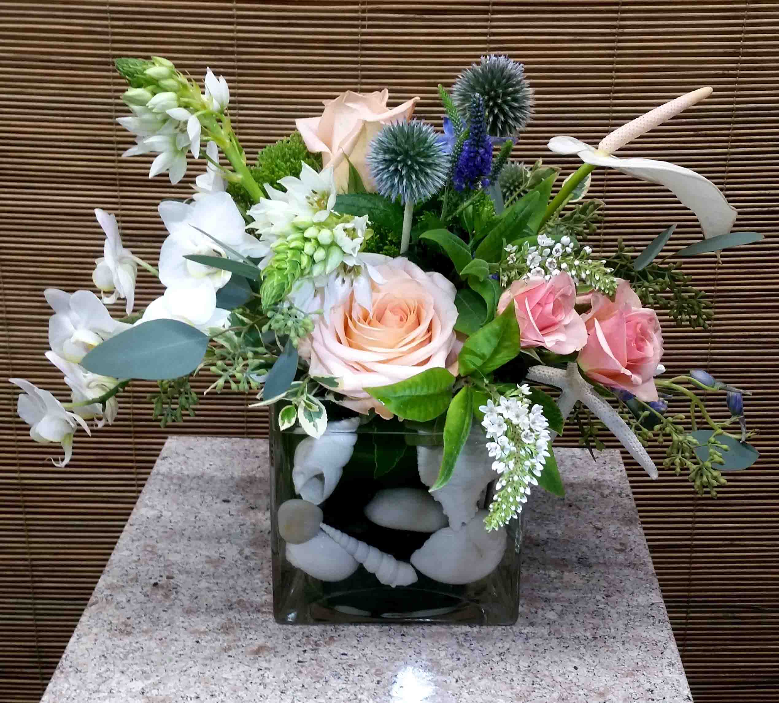 Sea Breeze (WT-9) - Roses, Orchids, Anthurium, Blue Thistle, Veronicas and more in a glass cube vase with sea shells