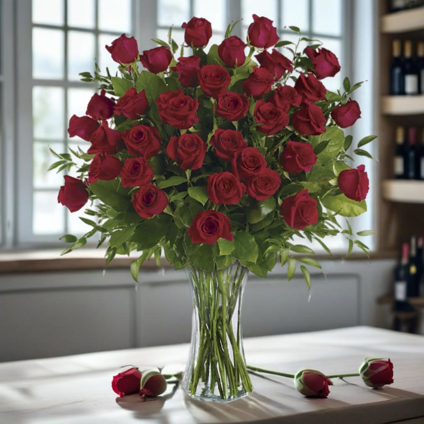 3 Dozen Roses - Three dozen long-stemmed red roses in a striking glass vase. 