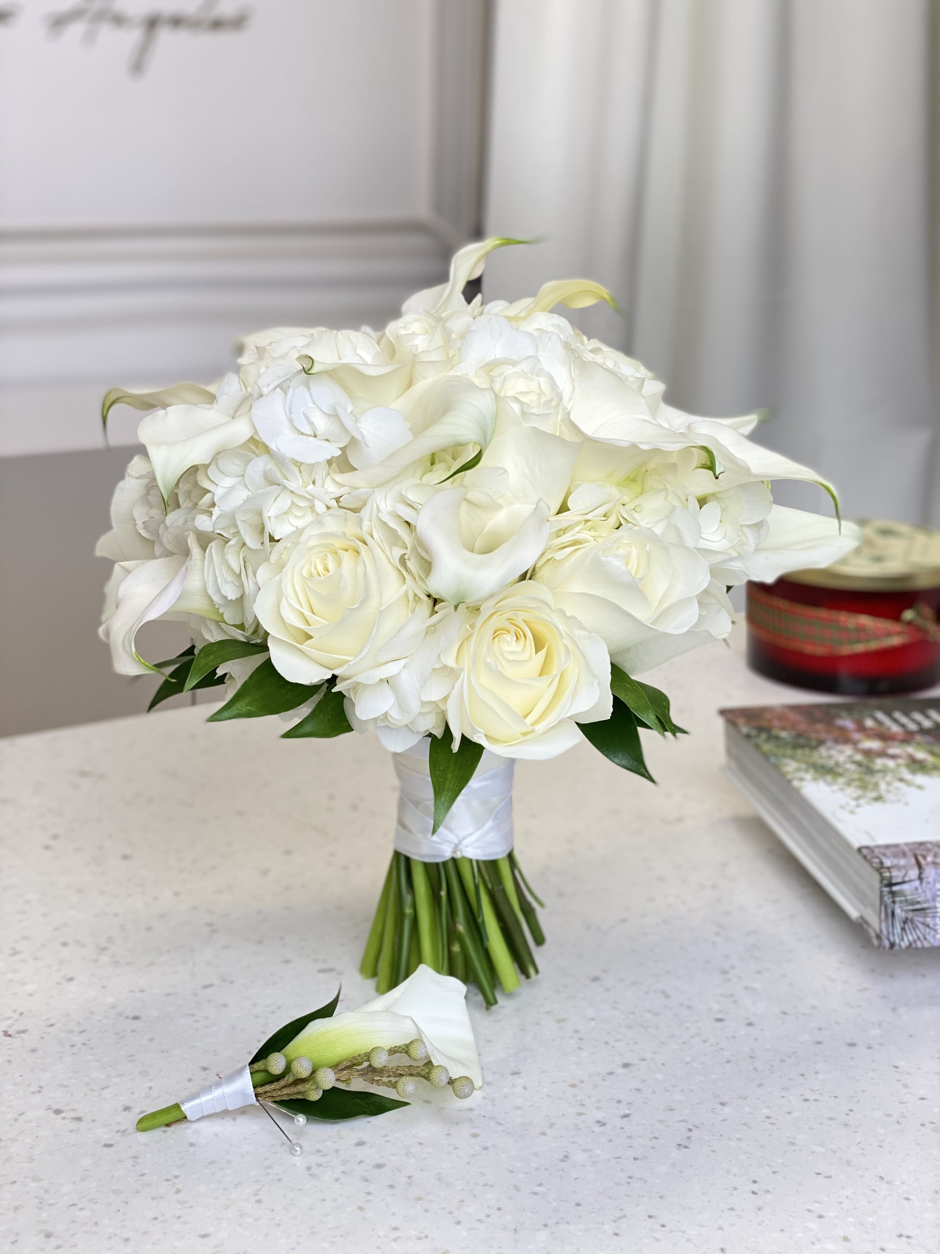 No. 200 Wedding Set No. 200 Wedding Set - Beautiful white bridal bouquet crafted by a skilled local florist in Studio City. Made with fresh lilies and roses.
