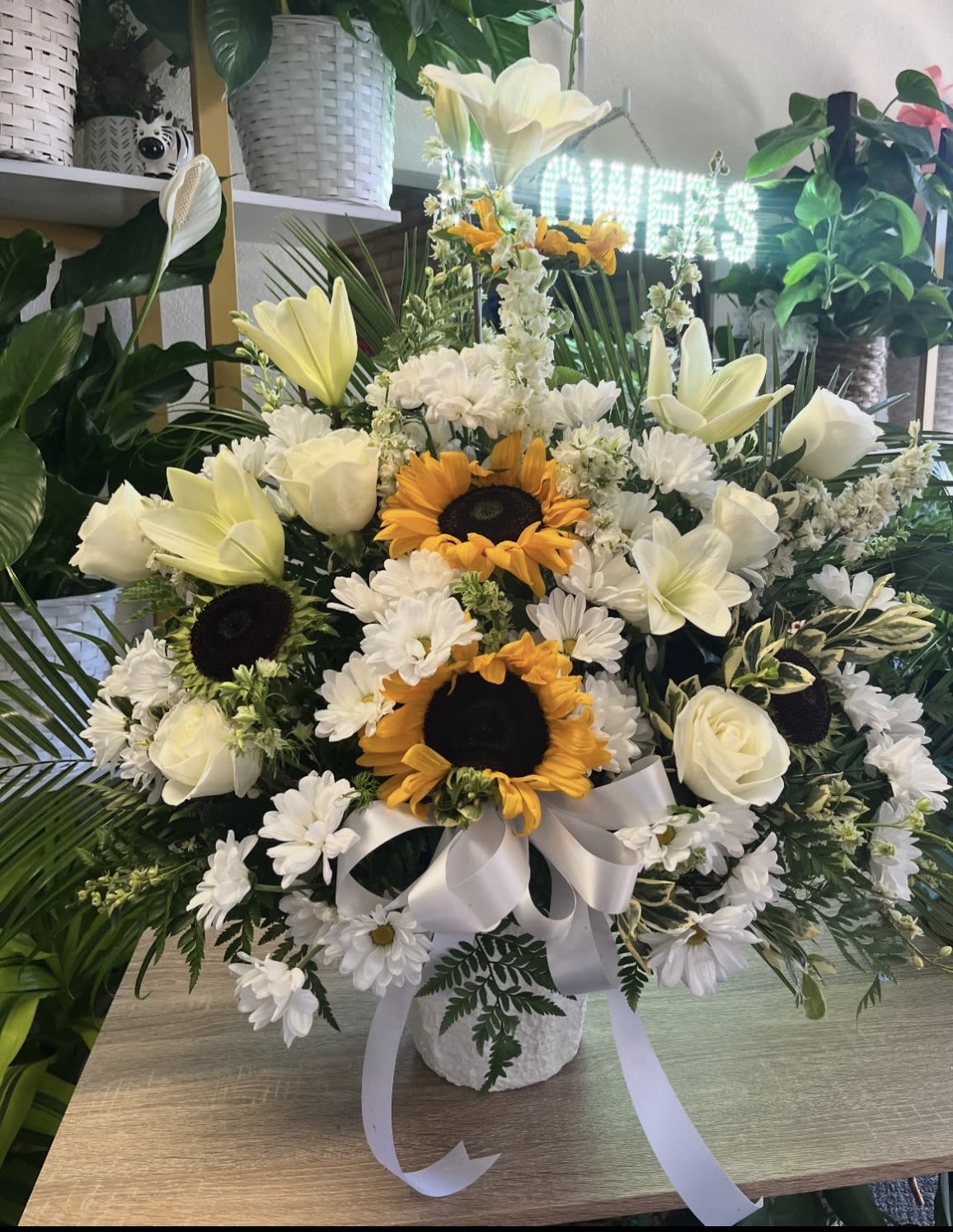 Sunflower Standing Basket Sunflower Standing Basket - floral spray basket includes Banner message , Include banner message in notes for florist /special instructions