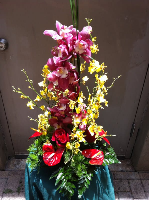 Cymbidium Spray Cymbidium Spray - STYLIZED CYMBIDIUM SPRAY, ONCIDIUM, ANTHUDIUM & RED ROSE