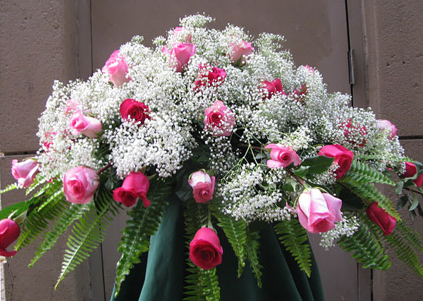 Casket Piece - Casket piece with pink roses and white baby's breath. 