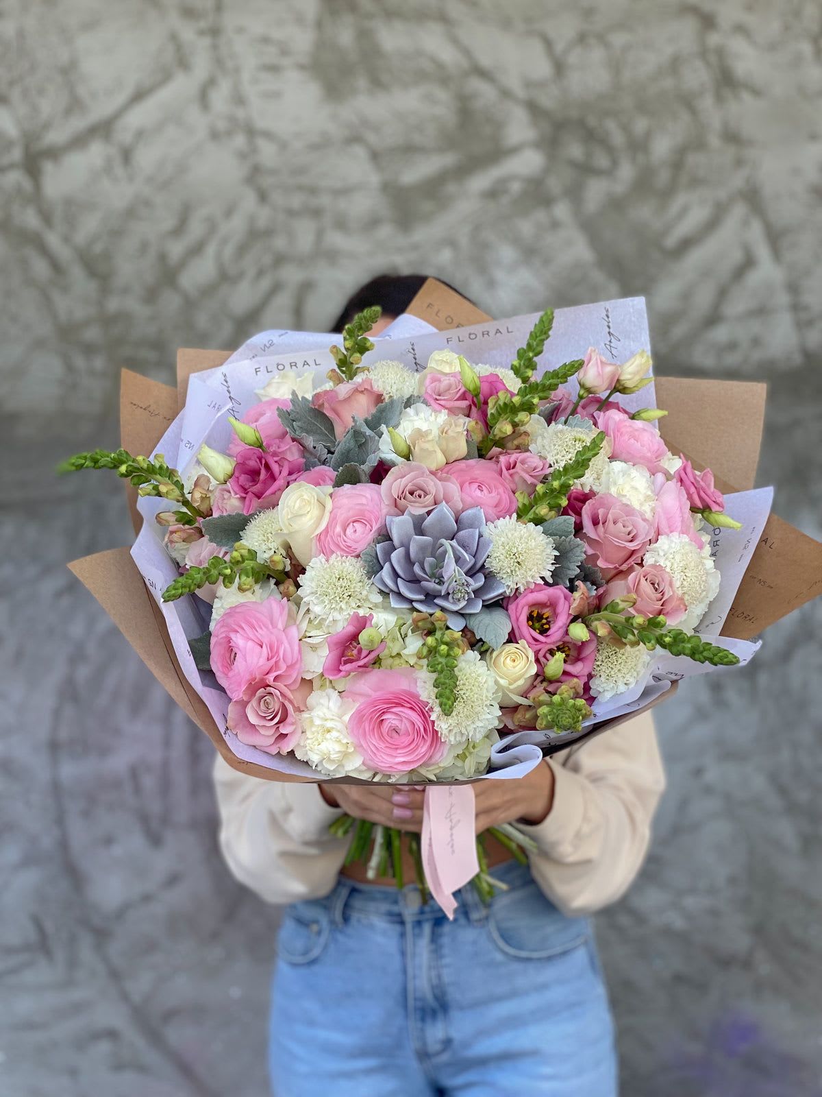 NO.128 - PINK TREASURE NO.128 - PINK TREASURE - This mixed spring flower bouquet is a heartfelt expression of life’s most meaningful moments—crafted with care by our dedicated florist in Studio City. Each stem thoughtfully selected to create a vibrant blend of color, fragrance, and feeling. More than just flowers, it's a gesture that speaks volumes. With same day flower delivery, your sentiment arrives right on time, beautifully delivered and impossible to forget. Bright spring bouquet with Ranunculus, Succulent, Roses, Scabiosas, and other fresh flowers wrapped in our signature craft paper. Available in three size options. On the photo: Size - Standard.