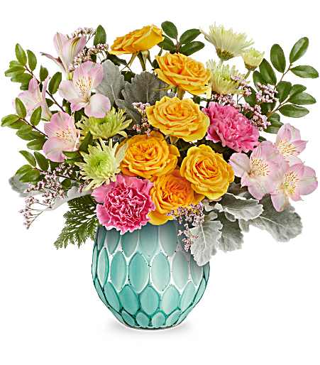 Meadow Brilliance Bouquet - This enchanting turquoise vase boasts a mercury-inspired finish and sculpted details, presenting the perfect stage for the brilliance of meadow inspired blossoms! Approximately 13 1/2 inches wide and 13 inches tall for the Standard size.