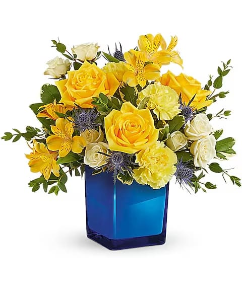 Teleflora's Golden Blue Bouquet - Go for the gold with this bold yellow rose bouquet, offset by a cool cobalt blue glass vase.  Yellow roses, white spray roses, yellow alstroemeria, yellow carnations and blue eryngium are accented with parvifolia eucalyptus and variegated pittosporum. Delivered in a Color Splash Cube.