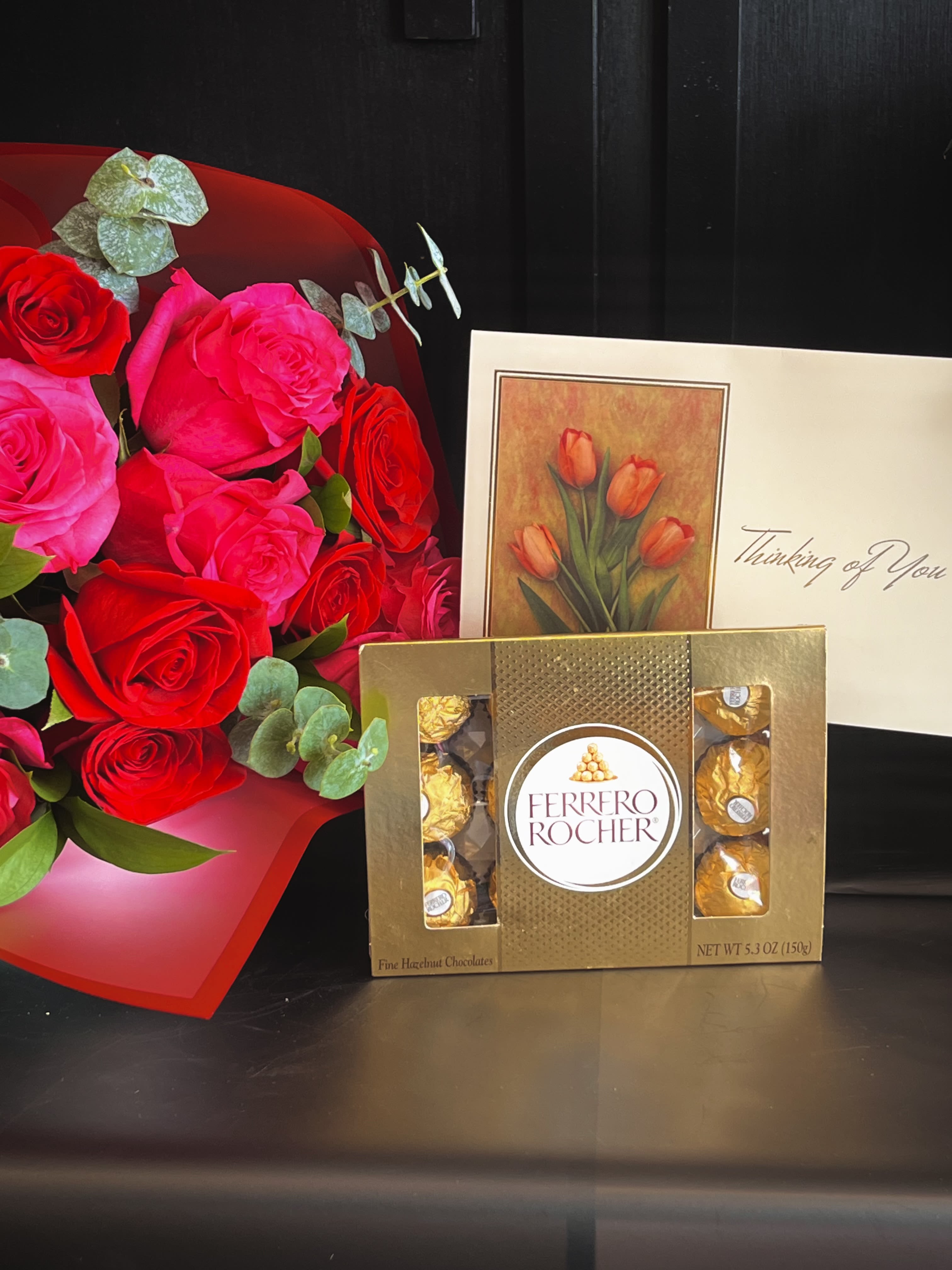 Bundle of Gifts Thinking of You (chocolate) - A dozen rose bouquet, chocolate, and a Thinking of You card