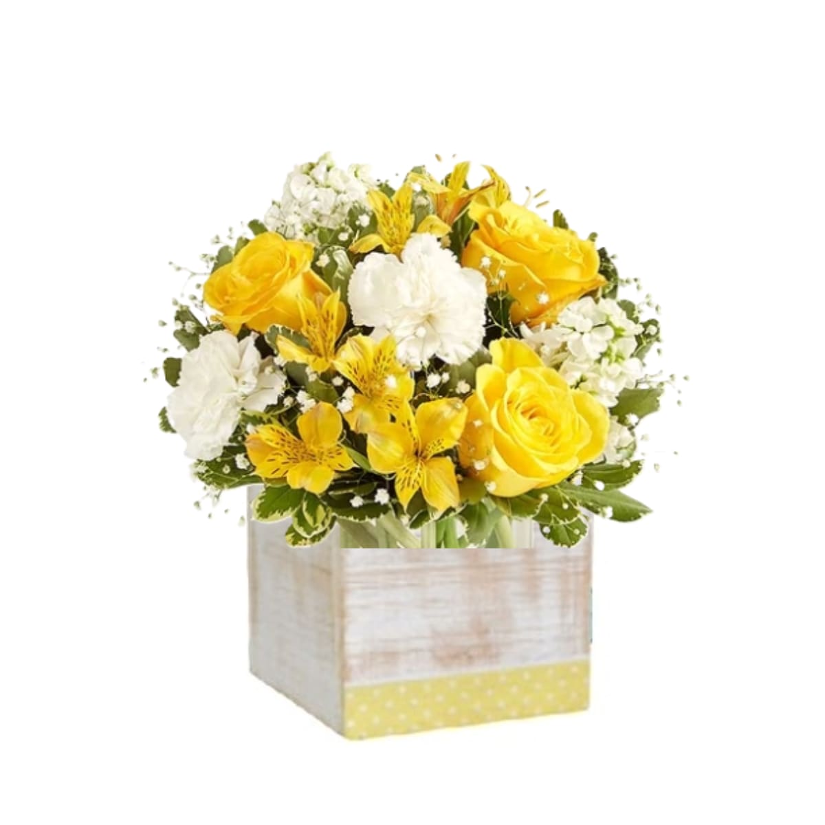 Girlfriend's Day Lemon Drop Martini Arrangement Girlfriend's Day Lemon Drop Martini Arrangement - Full of sunny cheer, our yellow and white blooms, just like the lemon drop martini in this trendy wood box with a lemon polka-dot ribbon create a sweet-tart perfection! Born in the 1970s, this classic cocktail is perfect for any happy hour and fits just right for National Girlfriend's day and will leave them smiling!