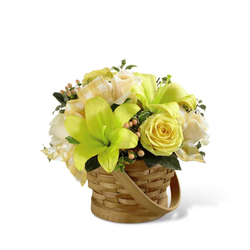 Sunny Surprise Basket Sunny Surprise Basket - Sunny Surprise Basket is the perfect way to delight your special recipient in honor of any of life's special occasions or for no special reason at all! Yellow roses, cream roses, yellow LA hybrid lilies, peach hypericum berries and lush greens are beautifully arranged in a woven woodchip handled basket to create an incredible gift intended to spread happiness with each sunlit bloom. GOOD basket includes 10 stems. Approx. 9âH x 11âW. BETTER basket includes 15 stems. Approx. 11âH x 14âW. BEST basket includes 19 stems. Approx. 12âH x 15âW.