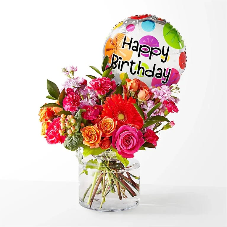 Fiesta Bouquet with Birthday Balloon - Every day is a fiesta with this arrangement, perfectly accented with a Happy Birthday balloon to make their day extra special.