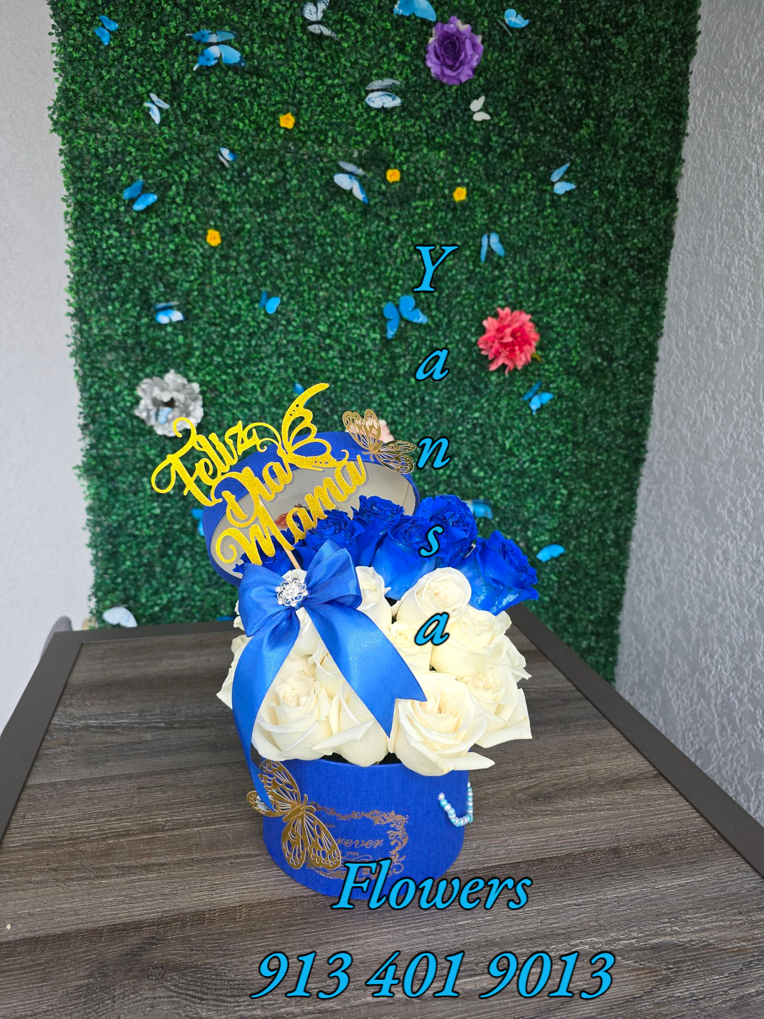 Sweet Blue Round Box -  White &amp; Blue Mixed Floral Arrangement in Round Box  Fresh, elegant, and calming — our white and blue mixed floral arrangement in a round box combines crisp whites with soothing blue tones to create a serene and sophisticated gift. Perfect for anniversaries, thank yous, or simply to brighten someone’s day with a touch of tranquility.  Each arrangement is thoughtfully crafted with seasonal blooms and customized to your preference, making it a truly unique and memorable floral gift.    Delivery available  A beautiful balance of purity and calmness — all in one stylish box