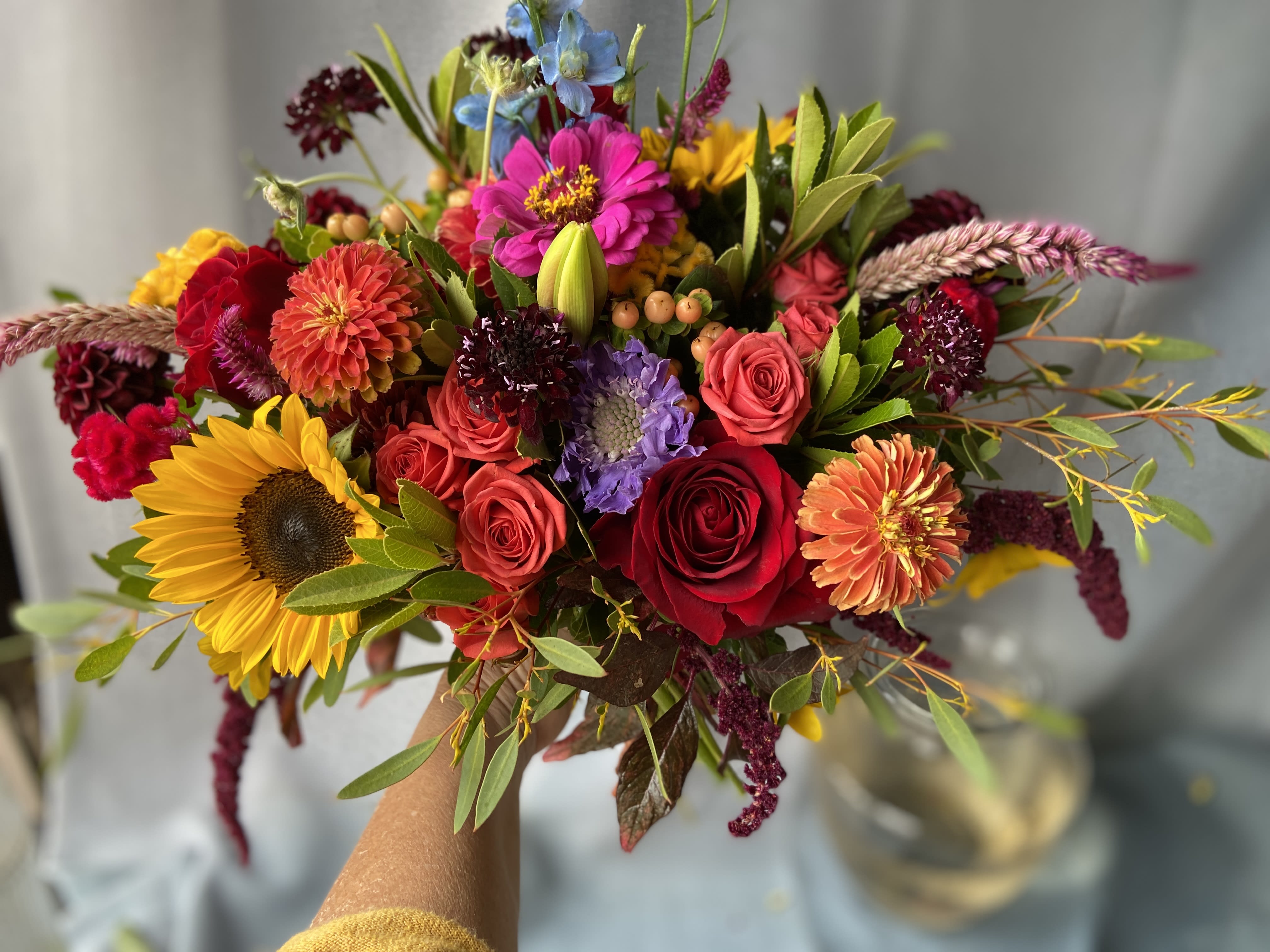 Be Jeweled BQ. - A combinations of bright and colorful spring flowers 9&quot;Glass vase