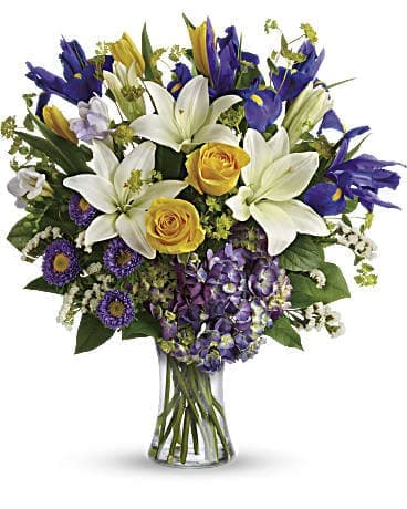 Floral Spring Iris Bouquet - Inspired by the sky on a bright spring day, this glorious bouquet of luxurious purple, yellow, white and blue blooms is a breath of fresh air! The grand gift is gathered in a graceful glass vase.  Purple hydrangea, yellow roses, yellow tulips, white asiatic lilies, blue iris, lavender freesia, and lavender matsumoto asters are arranged with white sinuata statice, bupleurum, and lemon leaf.