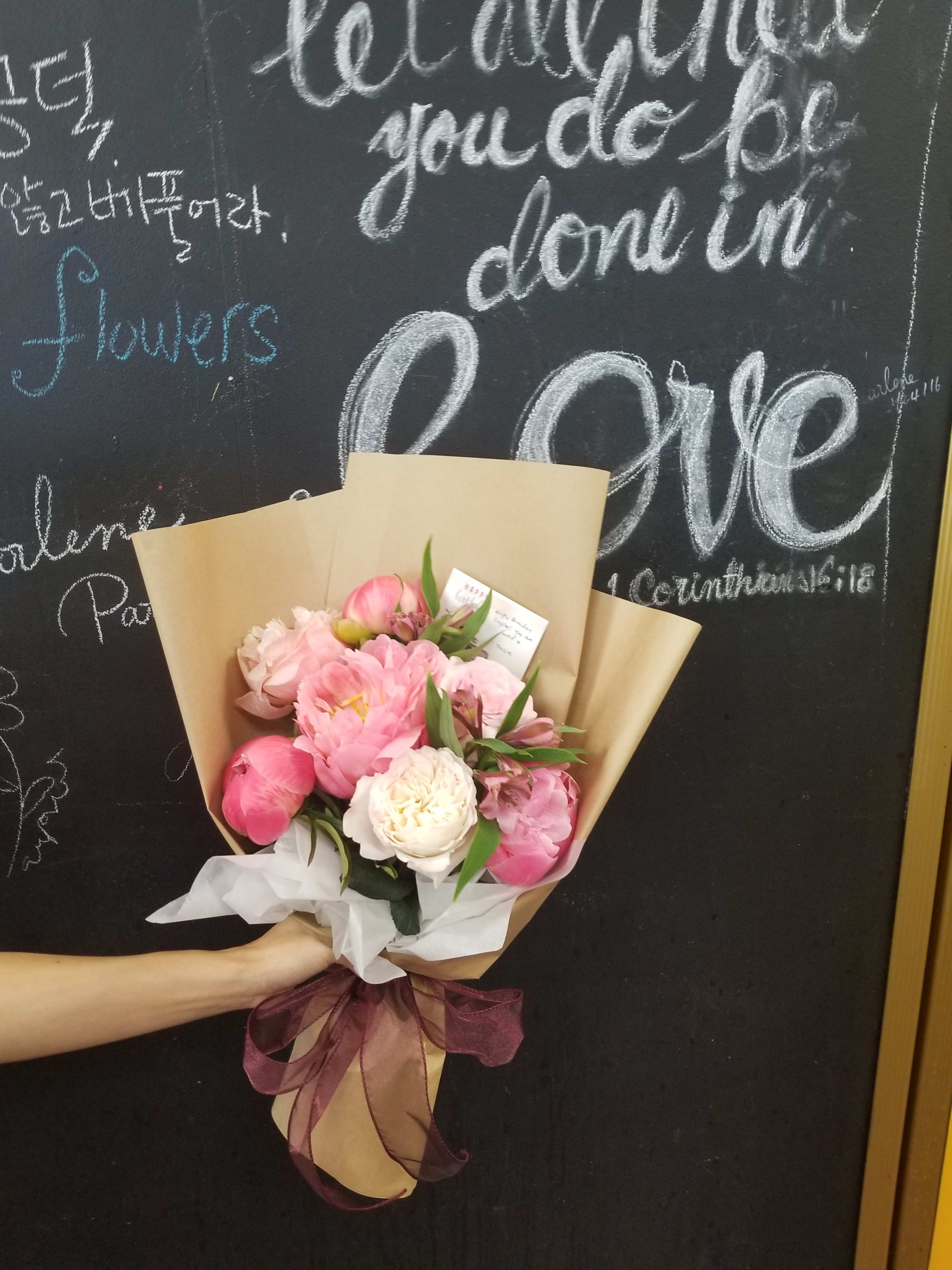 Simply Beautiful Peonies - Peonies Bouquet wrapped in vintage style paper  Please pre-ordered 3- 5 days .( We will Substitute with Garden roses when peony not available Please Call 562 402 8108 Check the availability)