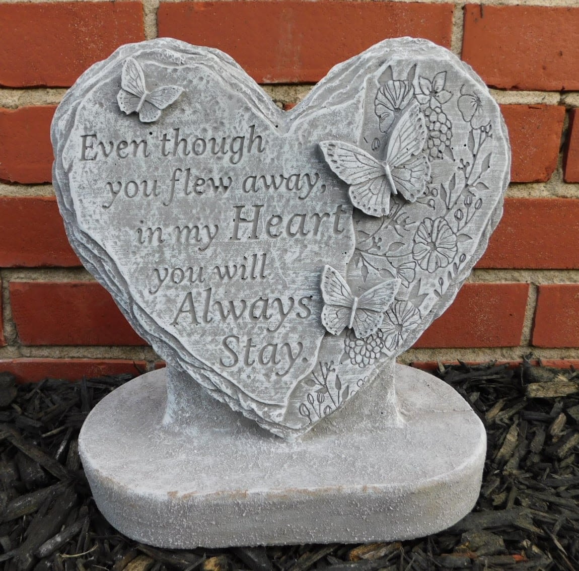 Concrete Heart Shaped Butterfly Stand Up - &quot;Even though you flew away, in my heart you will always stay&quot; concrete stand up plaque for grieving family or friends. 10 inches tall.