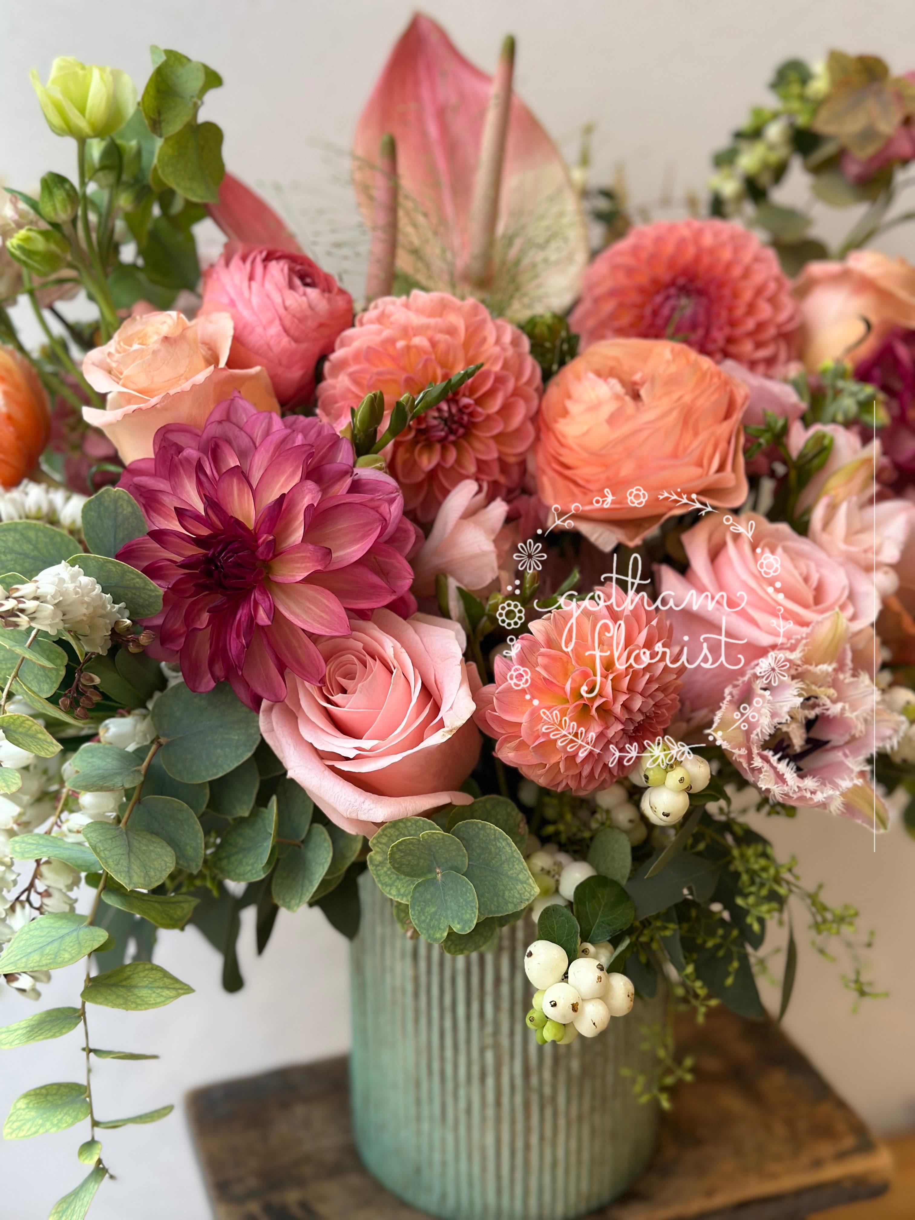 Dutchess - Indulge in the epitome of floral elegance with our exquisite arrangement featuring local dahlias, beautiful roses, gorgeous ranunculus and seasonally curated greenery, all meticulously arranged in a stunning mercury vase. Elevate any occasion with the most luxurious flowers New York City has to offer! This isn't just a bouquet; it's a statement of sophistication and grace, perfect for those who demand nothing but the best. #nycflorist #bestflorist #nyc #localflorist #samedaydelivery
