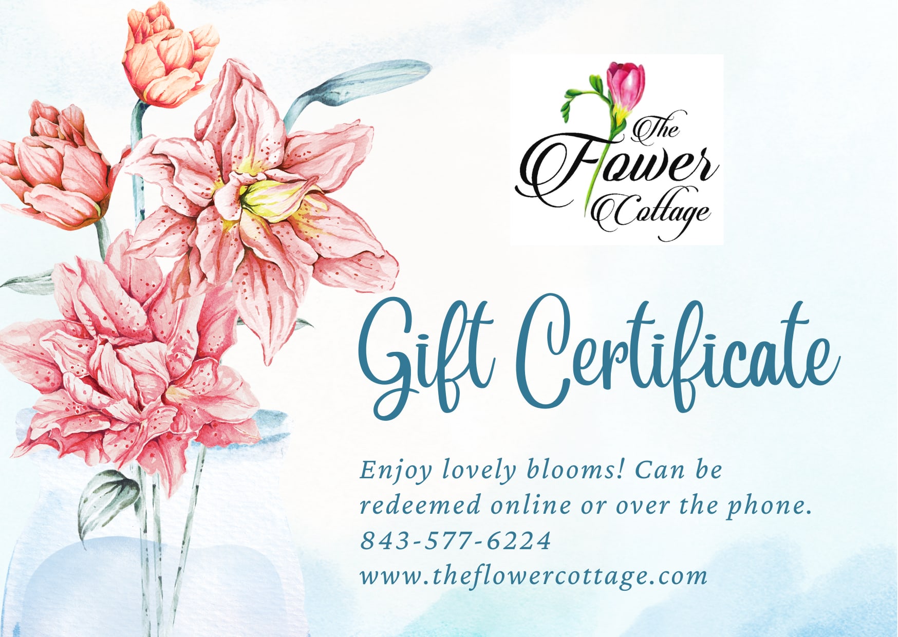 Gift Card - Give the gift of beauty and joy with a digital gift card from The Flower Cottage! Perfect for birthdays, anniversaries, celebrations, or just because—our gift cards let your loved ones choose their favorite fresh floral arrangement, plants, or seasonal blooms.  Available in multiple denominations, this thoughtful and flexible gift can be sent instantly by email. Whether for a friend, spouse, or family member, it’s the perfect way to say “I’m thinking of you” with flowers.  Redeemable online or in-store.