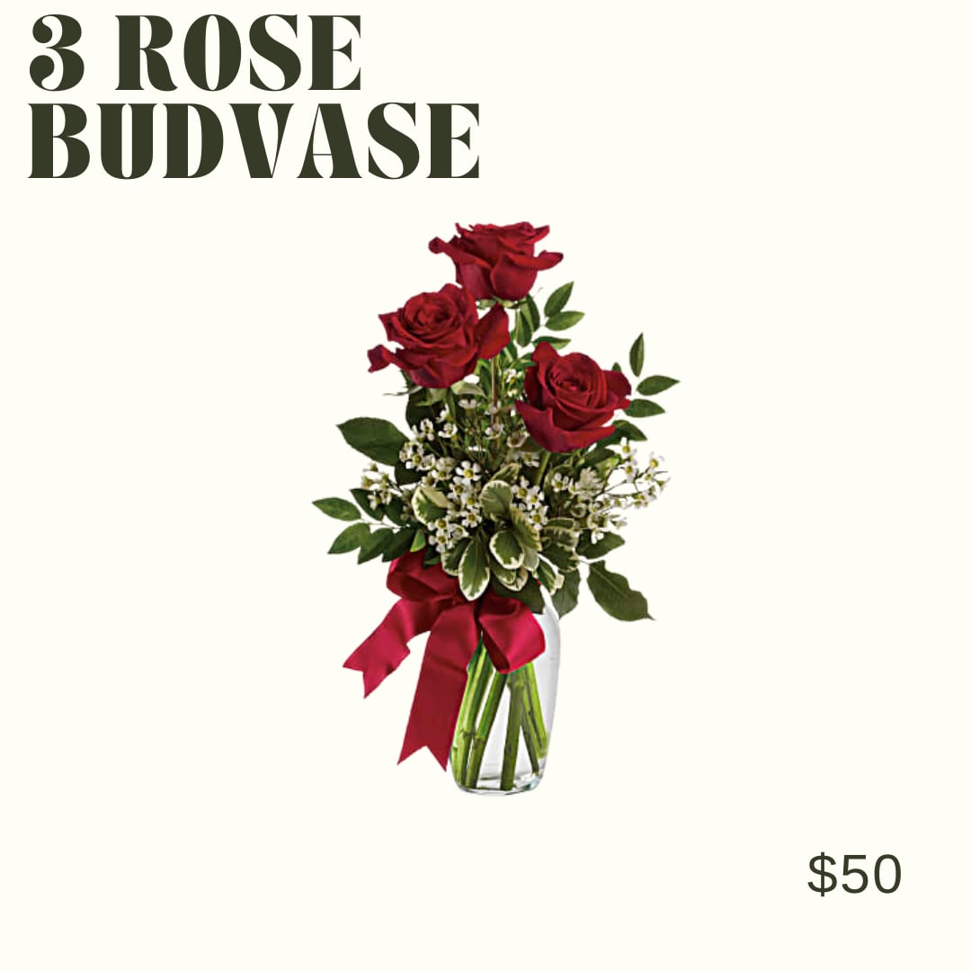 3 RED ROSES 3 RED ROSES - 3 red roses arranged in a bud vase with greenery and filler!