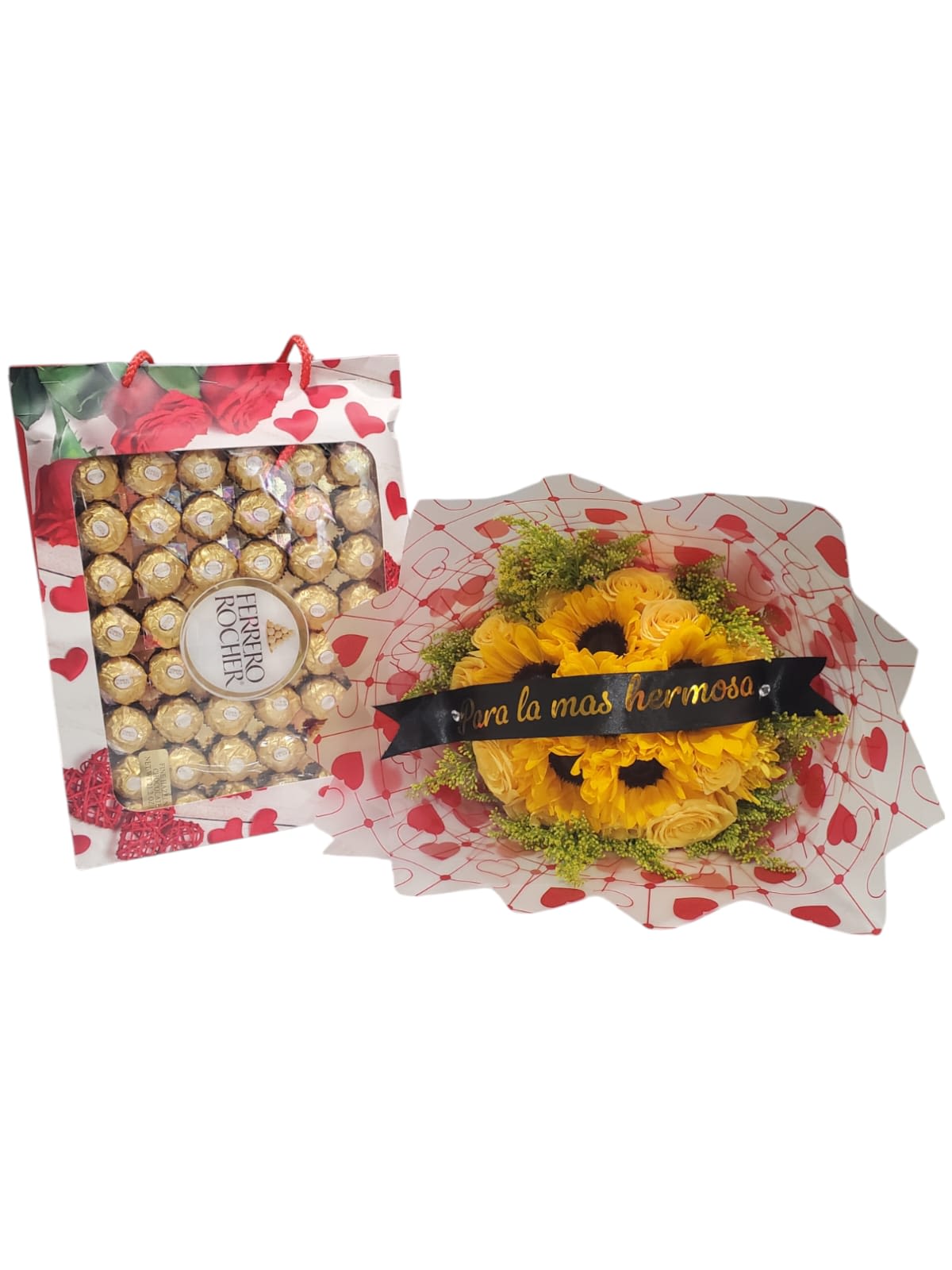 Bouquet of yellow flowers - bouquet of yellow flowers with large box of 48 chocolates