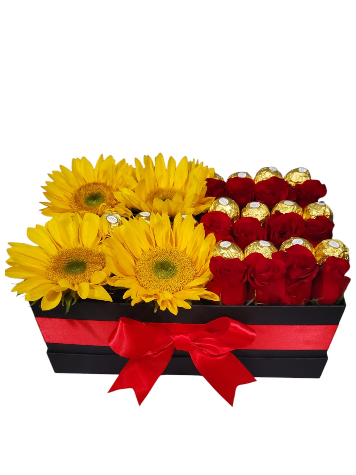Cute love - rectangular box with roses, sunflowers and chocolates, ideal for any occasion