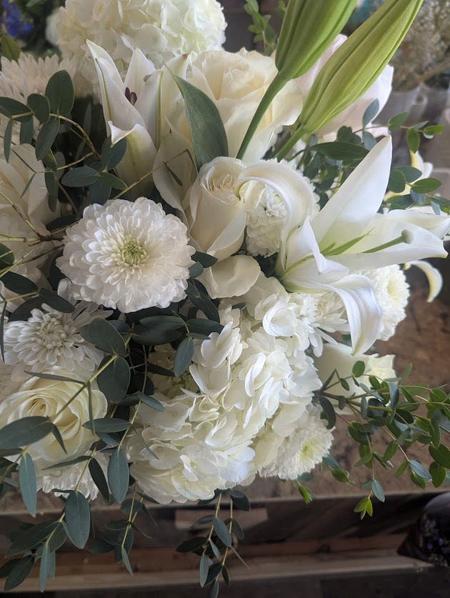 White Cloud - A mix of white colored flowers such as Lilies, Roses, Mums and, Hydrangea. (flowers will be based on the season) *This is an example only and may be a little different for your order* 