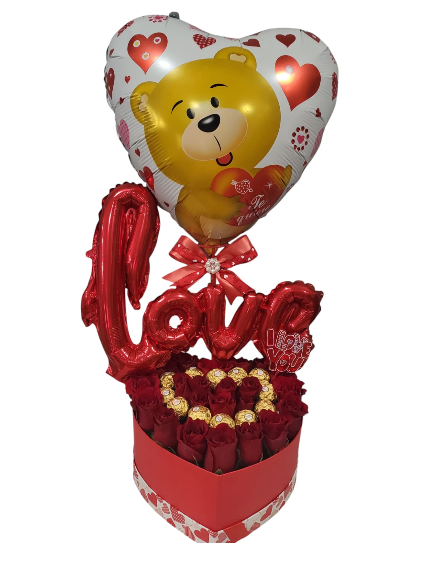 Love heart - Love heart a beautiful arrangement with roses and chocolates and balloons ideal for all occasions