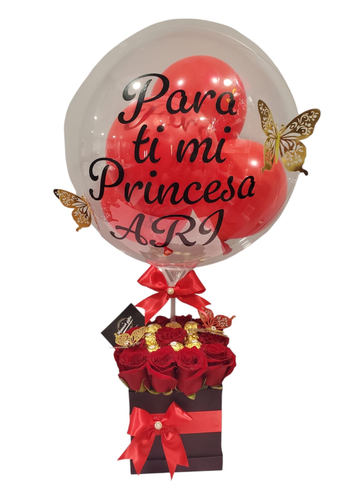 Princess  - Floral arrangement roses and chocolates personalized balloon