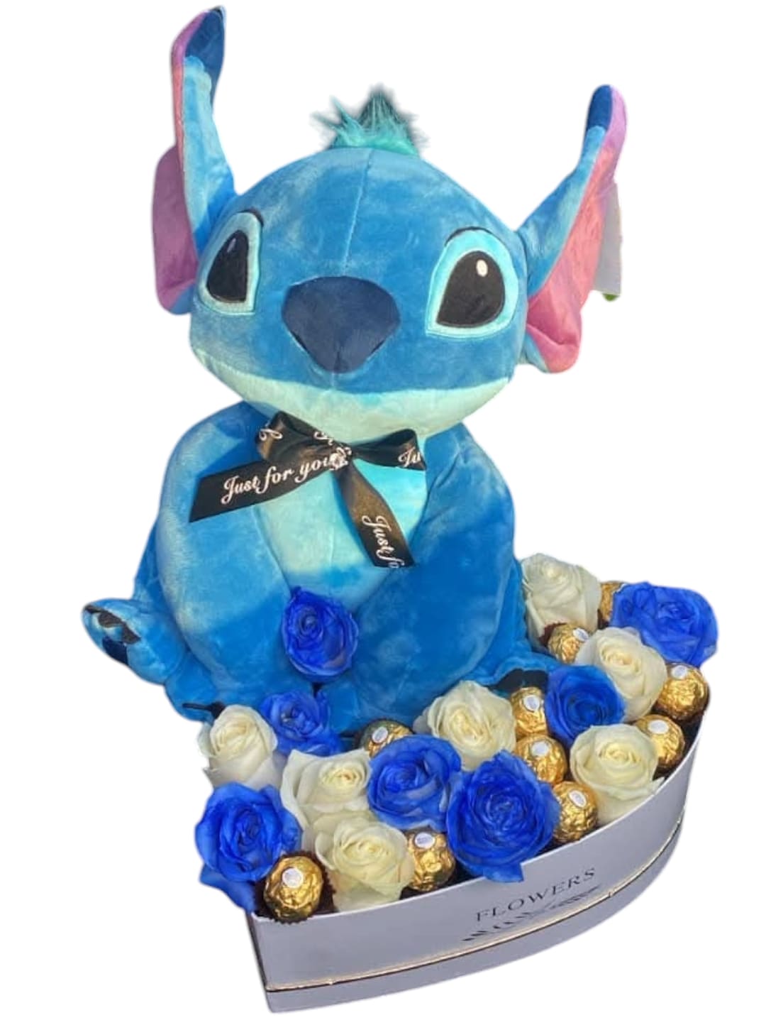 Stich heart Shape Flower Box  - Beautiful floral arrangement with a stich roses and chocolates 