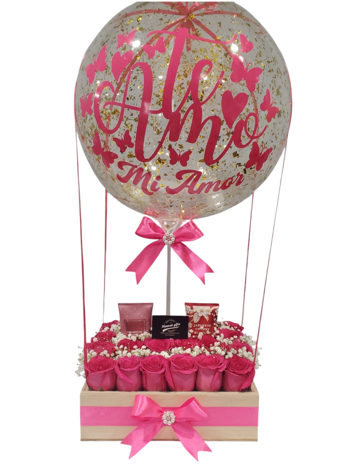 wooden box fragances  - Adorable wooden box with roses and two body creams, bathbody works fragrances, personalized balloon for any occasion