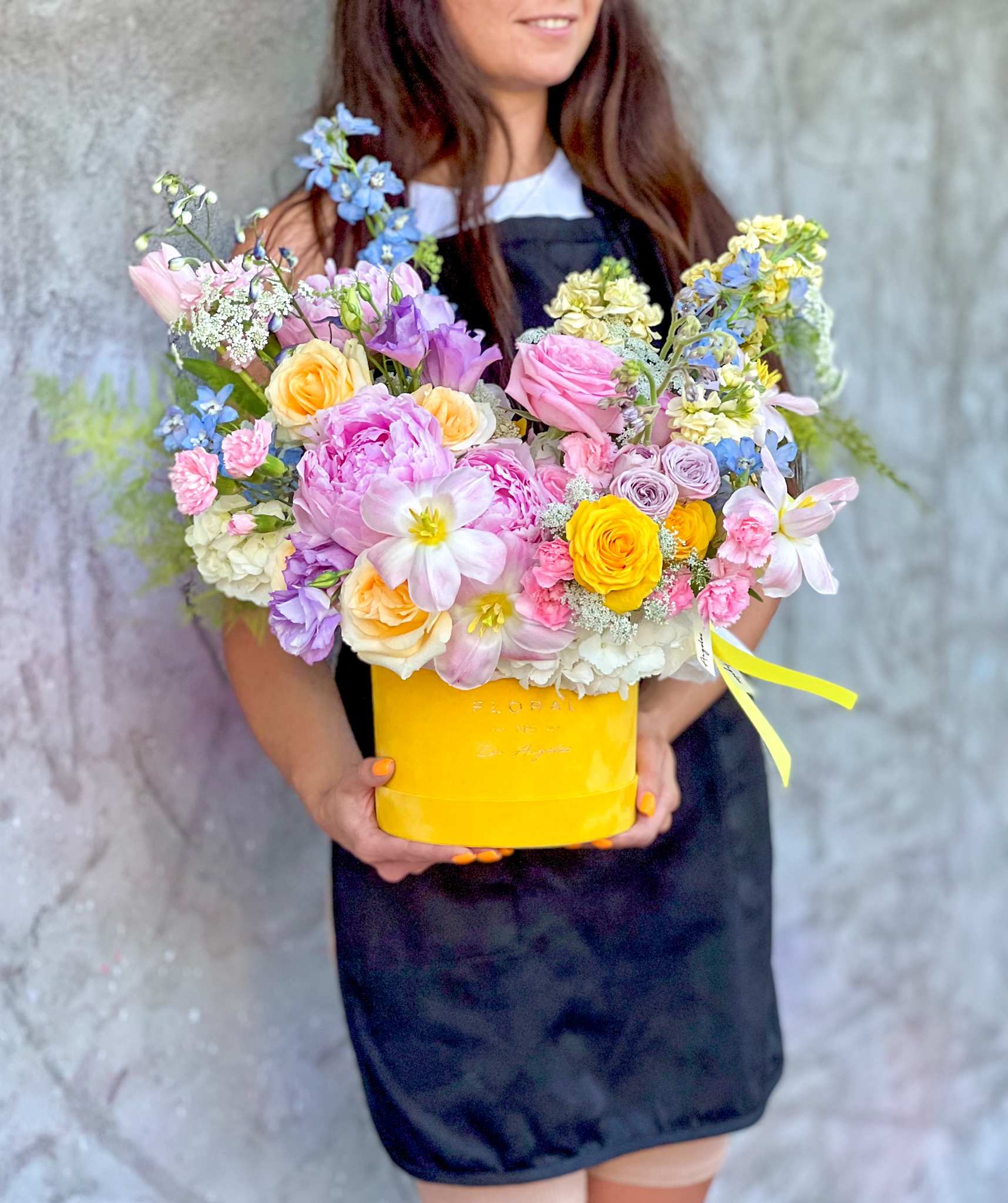 NO.41 - COLOUR BURST - A modern take on floral gifting, this mixed flower box is a curated blend of Peonies, Roses, Spray Roses, Tulips and seasonal blooms, thoughtfully designed in Studio City. Each box is a unique expression of beauty and emotion—perfect for making a lasting impression. Whether it’s a celebration or a simple gesture of love, our same day flower delivery ensures your heartfelt gift arrives fresh, elegant, and right on time.  Size on the picture - Standard.