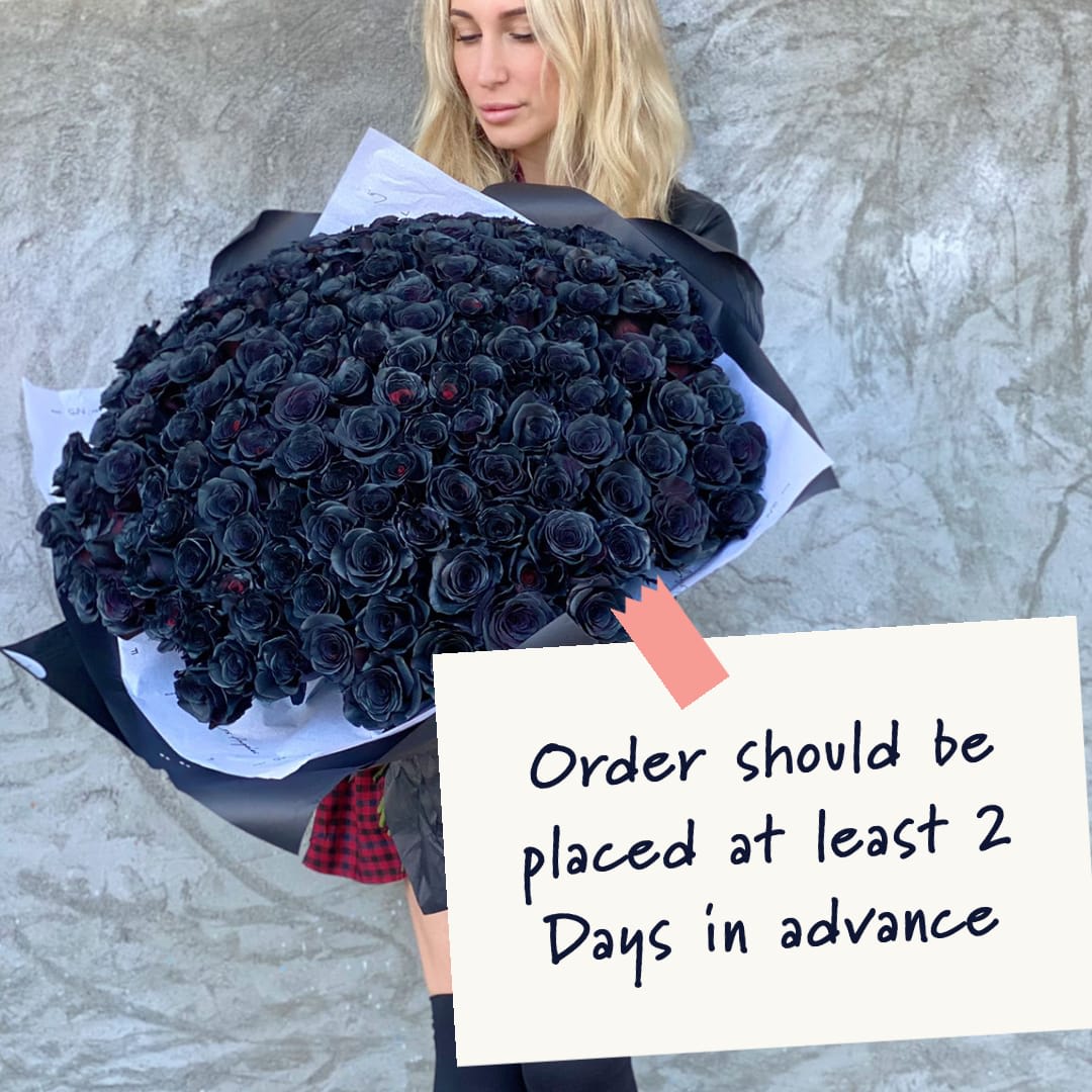 No.45 Black Roses - Handcrafted by our expert florist in Studio City, this fabulous bouquet features black roses arranged with timeless elegance and care. Perfect for any occasion, it brings beauty and sentiment together in every petal. Enjoy the convenience of same day flower delivery, making it easy to send love and joy right when it matters most. Discover the charm of a rose bouquet that speaks volumes.  !Order should be placed at least 2 Days in advance!  Available in thee size options: - Standard 50 roses - Deluxe 75 roses - Premium 100 roses   Size on Photo: 150 roses. Available for order only by phone call. 