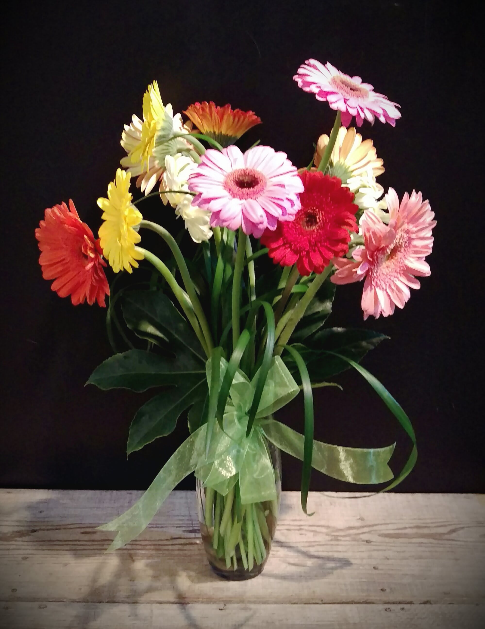 Dozen Gerbera Daisies Dozen Gerbera Daisies - This design is a twist on the traditional dozen roses... we gather 12 gerber daisies in assorted colors, accent them with foliage and grasses and tie with a ribbon.