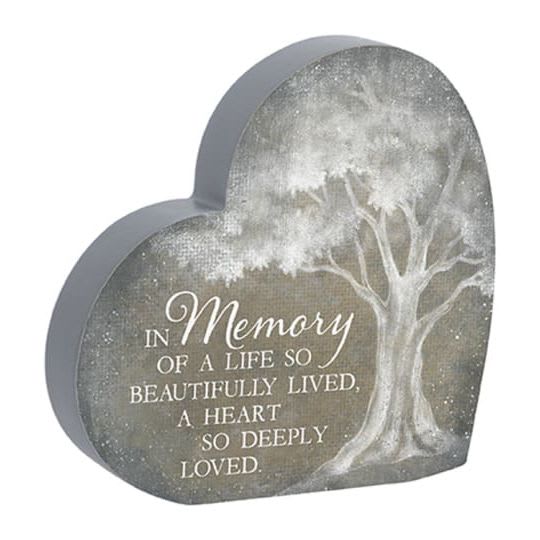 Heart Plaque - 'In Memory' - Heart Sitter - 'In memory of a life so beautifully lived, a heart so deeply loved. Wood Composite. 24043 Approximately 6&quot;W x 6&quot;H