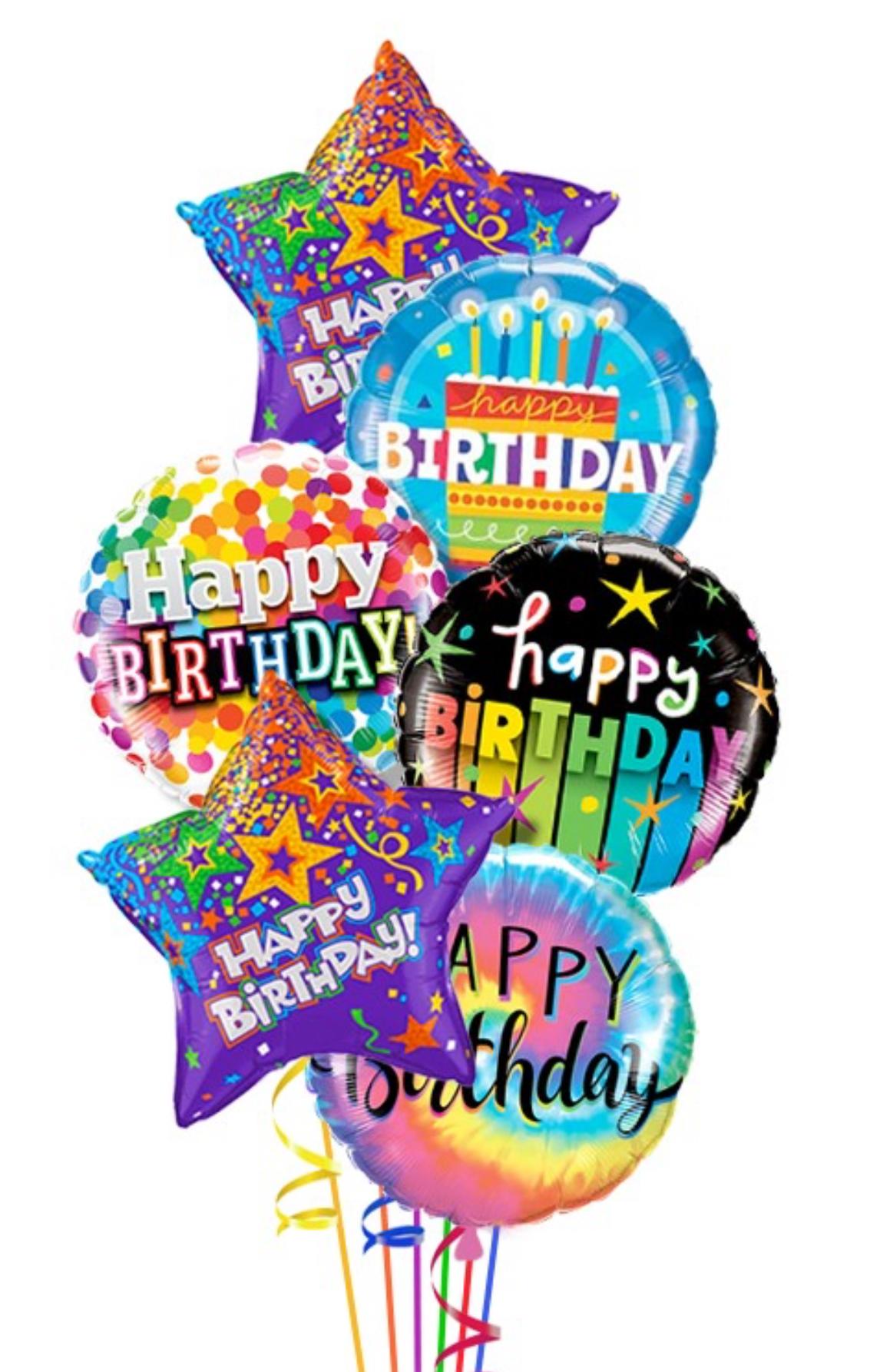 Mylar balloon bouquet - 6 colorful Mylar birthday balloons tied together in a weight; shapes are random. Balloons can all be similar depending on availability. 
