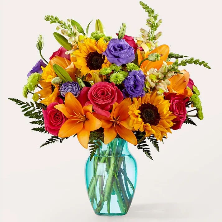 Double Rainbow Bouquet (exquisite) Double Rainbow Bouquet (exquisite) - A collage of color comes to life in our Double Rainbow Bouquet, an energetic gift for any occasion. Details Designed by florists, ready to display. For long–lasting blooms, replace the water daily. We suggest trimming the stems every couple days. Pet Safety Precautions: This bouquet or plant may include flowers and foliage that are known to be toxic to pets. To keep them safe, be sure to keep this arrangement out of your pet's reach.