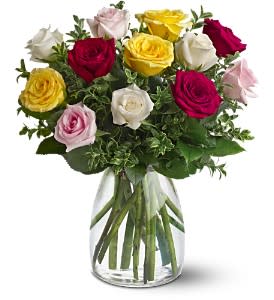 Dozen Mixed Colored Roses  - A dozen roses arranged in a vase with mixed greenery. COLORS MAY VARY