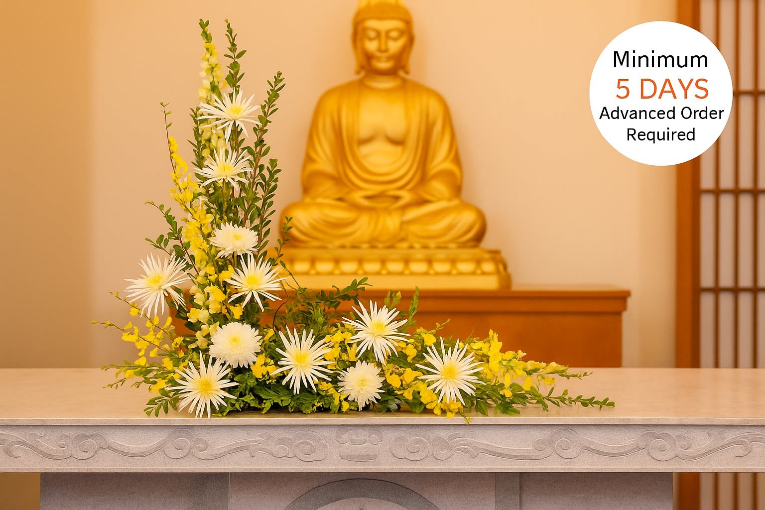 Watanabe Meadow Journey (Urn) - This sentimental tribute is perfect for honoring a loved one at their service. Filled with mums, tuberose, and orchids, it adds a heartfelt and elegant touch to the memorial. Please note that a minimum of 5 days' advance notice is required to ensure the flowers can be properly staged for quality results. Photographs with frames (if any) must be no larger than 10&quot; wide and are required to be dropped off at our Kalihi shop 5 days prior to the service. The arrangement measures approximately 30&quot; high and 34&quot; wide.  Key Features:  Stunning Dimensions: Measures approximately 30&quot; high and 34&quot; wide, creating an impressive and elegant display.  High-Quality Arrangement: Expertly crafted with fresh mums, tuberose, and orchids to ensure lasting beauty and impact.  Elegant Presentation: Perfect for memorials, celebrations of life, or any event where a beautiful and sentimental tribute is desired.  Meaningful Tribute: Designed to honor and celebrate the life of a loved one with grace and elegance.  Advanced Notice Required: A minimum of 5 days' notice is needed to ensure the flowers can be staged for the best quality results.  Photo/Urn Details: Photographs with frames (if any) must be no larger than 10&quot; wide and should be dropped off at our Kalihi shop 5 days prior to the service.  Celebrate and honor the memory of a loved one with our Sentimental Urn or Photo Tribute, a beautiful and meaningful tribute that reflects love and remembrance.  