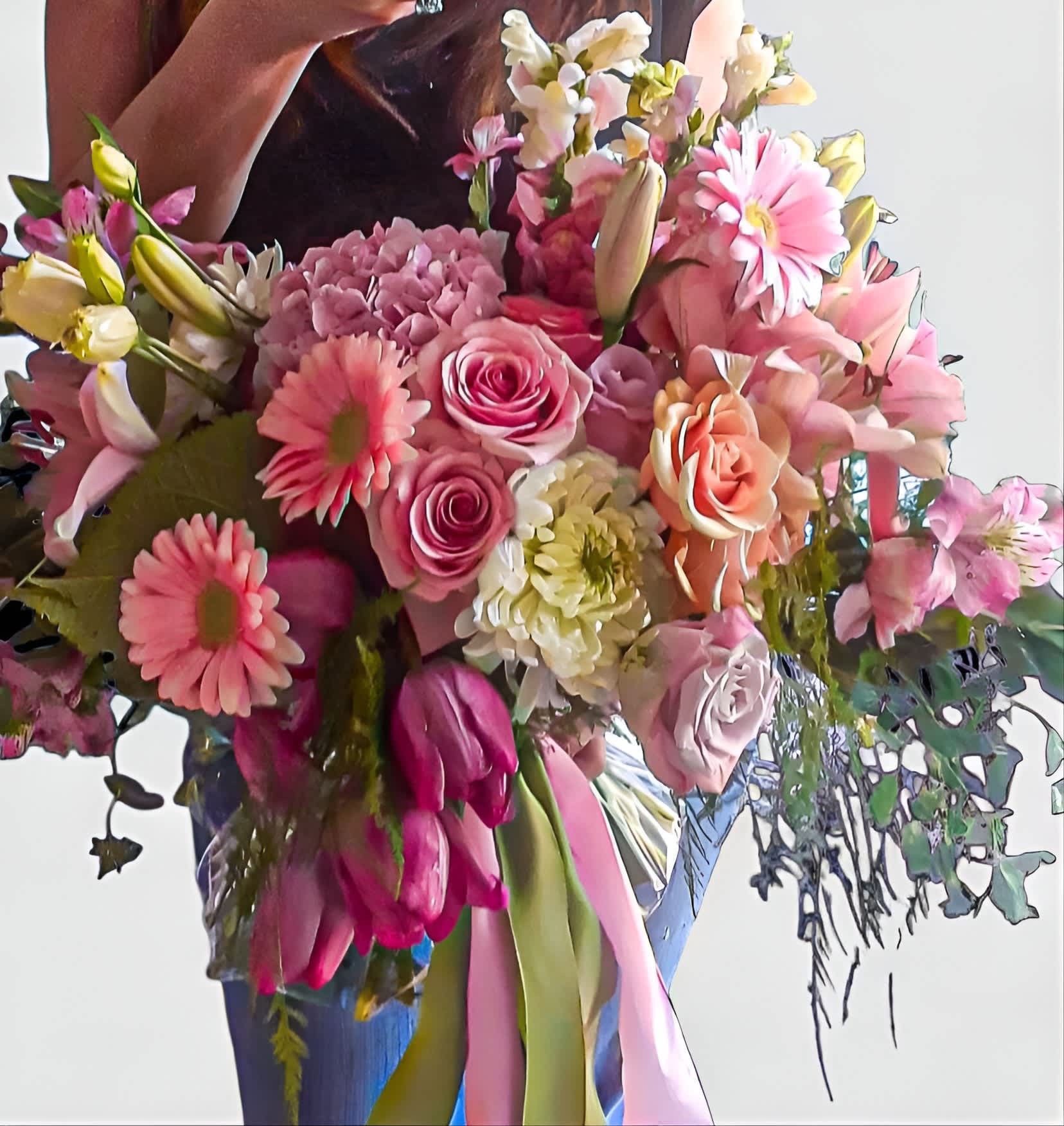 Designer's Choice Fashion Flower Bouquet - Designer's choice; made beautifully from my gorgeous mixed blossom selection of the day roses orchids and so much more arranged and wrapped in paper. Perfect to send today to show her how much you care. All of my bouquets are always made extra special and unique each and every time. Please check out my gallery to see my latest designs. 