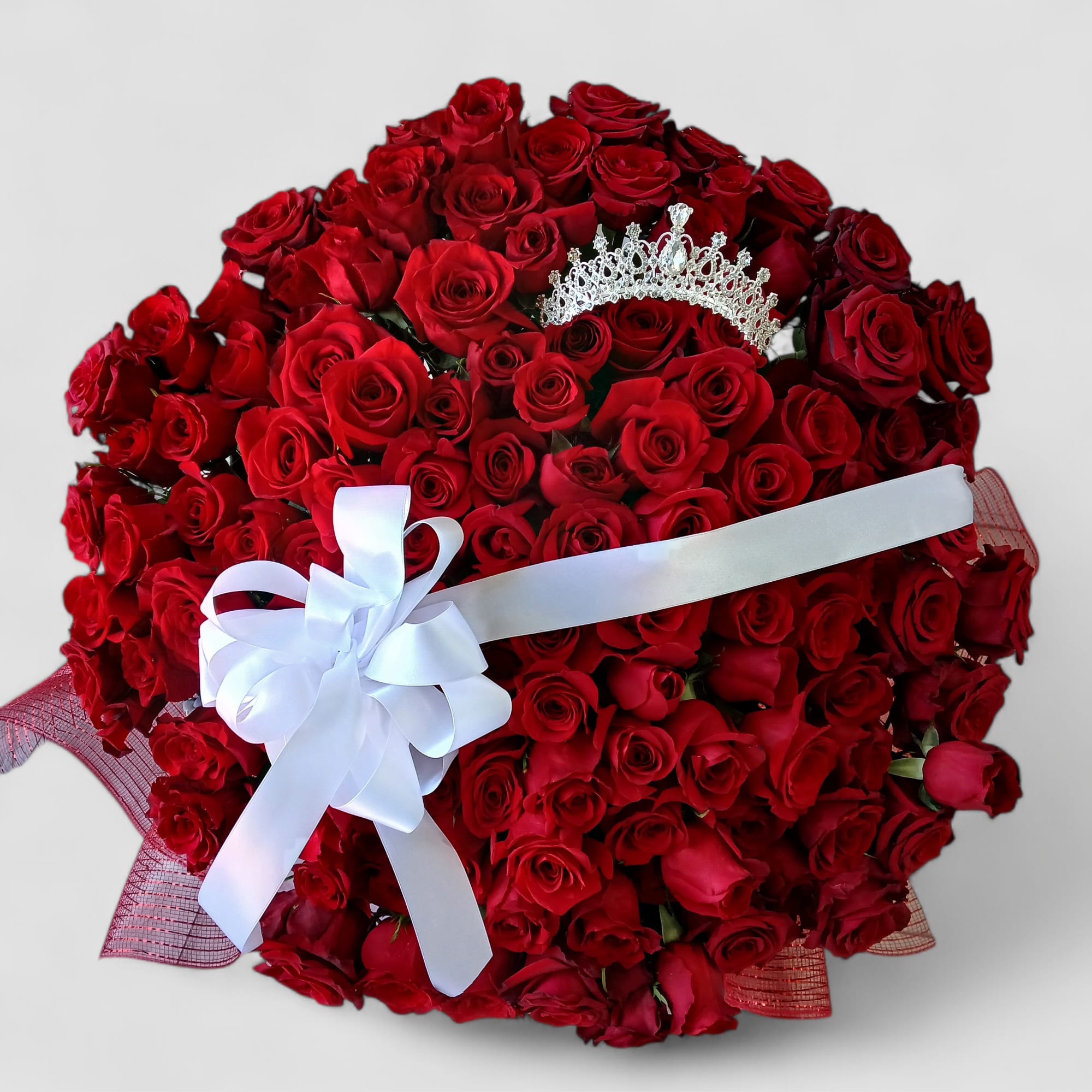 Grande Love 120 Red Roses - 120 red long stemmed roses wrapped with a white ribbon bow and adorned with a gorgeous rhinestone tiara for her to wear. Over the top stunning. Send your love.