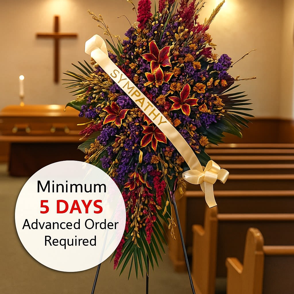Watanabe Precious Memories Spray - Celebrate the vibrant life of a truly special person with this tropically themed standing spray. Standing approximately 74&quot; high and 36&quot; wide, this arrangement offers a grand and heartfelt tribute. Please note that a minimum of 5 days' advanced notice is required to ensure the flowers can be properly staged for quality results.  Key Features:  Stunning Dimensions: Stands approximately 74&quot; high and 36&quot; wide, creating an impressive and elegant display.  High-Quality Arrangement: Expertly crafted with a selection of fresh, vibrant tropical flowers to ensure lasting beauty and impact.  Elegant Presentation: Perfect for memorials, celebrations of life, or any event where a beautiful tribute is desired.  Meaningful Tribute: Designed to honor and celebrate the vibrant life of a loved one with the exotic beauty of tropical flowers.  Advanced Notice Required: A minimum of 5 days' notice is needed to ensure the flowers can be staged for the best quality results.  Celebrate and honor the memory of a loved one with our Tropical-Themed Standing Spray, a beautiful and meaningful tribute that reflects love and remembrance.