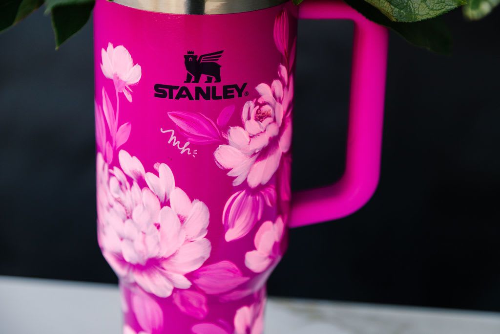 Peony Pop (Tumbler Only) - Order Now! Each tumbler is a one-of-a-kind, hand-painted piece sealed with a clear gloss powder coat—dishwasher safe, chip-resistant, and made to last; by artist Melanie Haggard @meligrafi. Want the tumbler with flowers? Just click the “Occasions” tab at the top of the page and scroll to Summer.