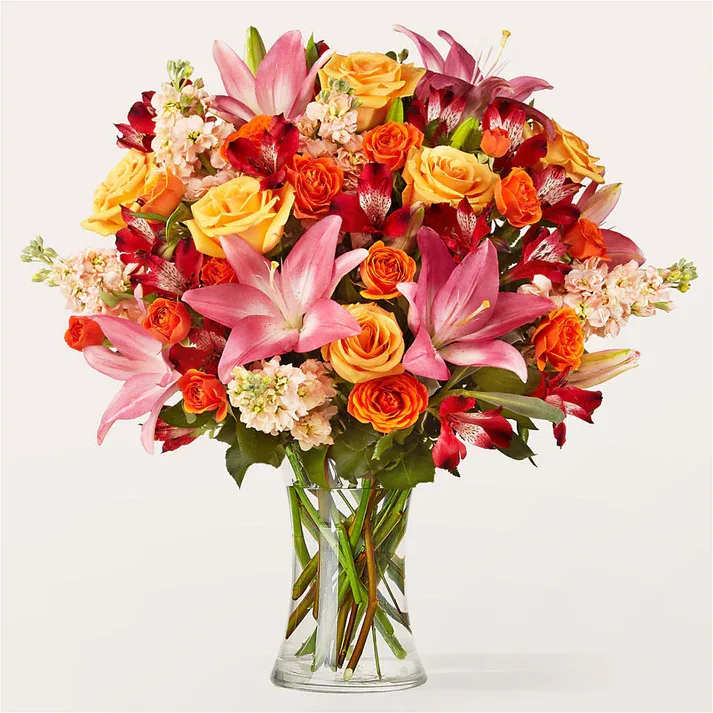 Full Heart Bouquet (exquisite) Full Heart Bouquet (exquisite) - Peach roses, red alstroemeria and pink lilies are a fragrant and floral way to remind someone how loved they are. Details Designed by florists, ready to display. For long–lasting blooms, replace the water daily. We suggest trimming the stems every couple days. Pet Safety Precautions: This bouquet or plant may include flowers and foliage that are known to be toxic to pets. To keep them safe, be sure to keep this arrangement out of your pet's reach.